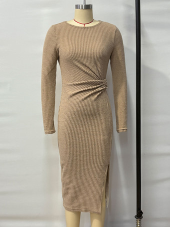 リブニット ノットディテール ボディコン ミディドレス（スリット入り）レディース 2025