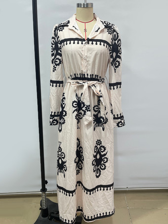 抽象的なプリントとベルトが付いた女性用マキシシャツドレス 2025