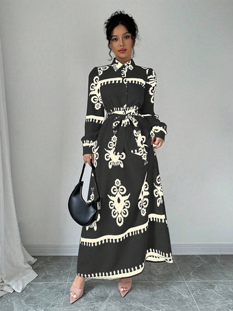 ブラック 抽象的なプリントとベルトが付いた女性用マキシシャツドレス 2025