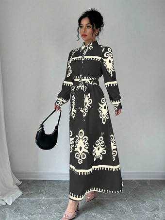 抽象的なプリントとベルトが付いた女性用マキシシャツドレス 2025