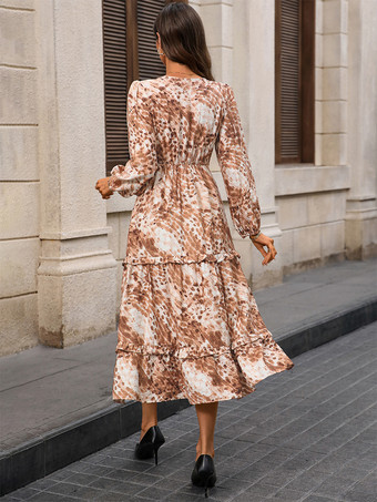 抽象的なプリントとフリル裾の長袖Vネックロングドレス（レディース2025年）