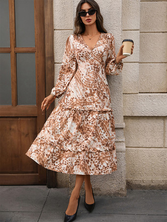 抽象的なプリントとフリル裾の長袖Vネックロングドレス（レディース2025年）