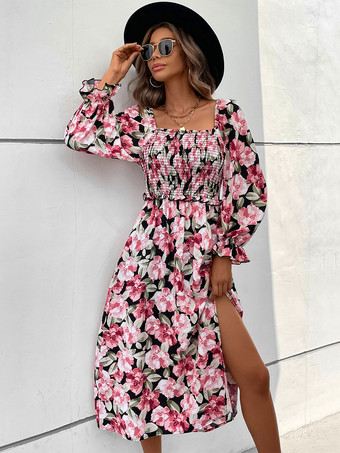 2025年レディース向け、ハイスリット入りフローラルプリントシャーリングスクエアネックワンピース