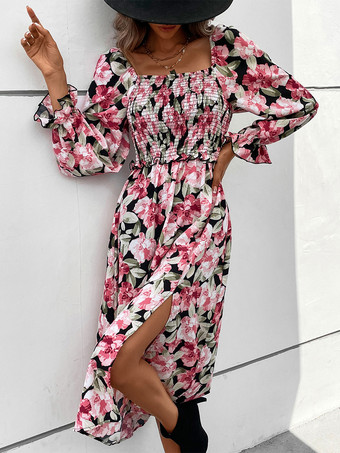 2025年レディース向け、ハイスリット入りフローラルプリントシャーリングスクエアネックワンピース