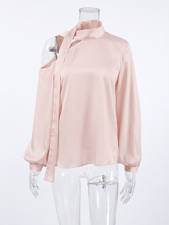 タイネックディテールとランタンスリーブが特徴のサテンワンショルダートップス（レディース 2025）