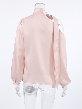 タイネックディテールとランタンスリーブが特徴のサテンワンショルダートップス（レディース 2025）