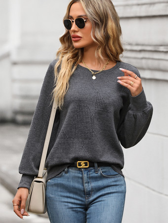 ダークグレー 2025年レディース向け、幾何学模様のパフスリーブトップス