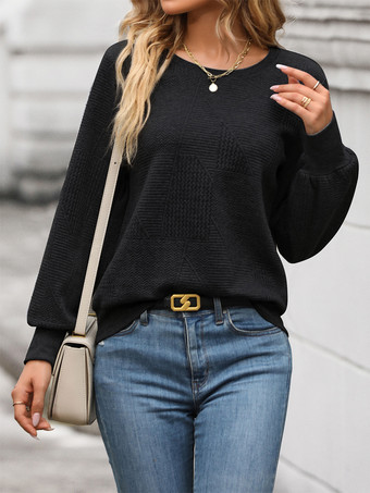 ブラック 2025年レディース向け、幾何学模様のパフスリーブトップス