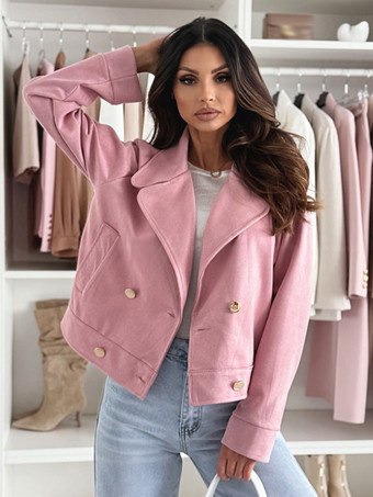 ピンク ダブルブレストのゴールドボタン付きラペルショートジャケット（レディース 2025）