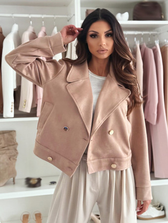 ライトブラウンダブルブレストのゴールドボタン付きラペルショートジャケット（レディース 2025）