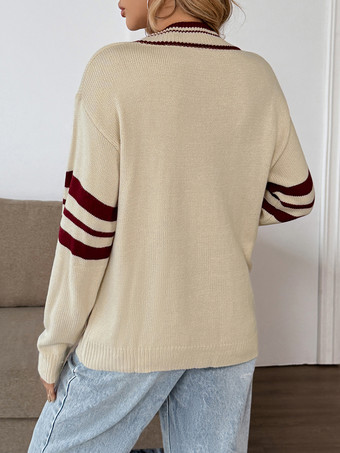 ストライプ柄のカレッジスタイルVネックプルオーバーセーター（レディース2025年）