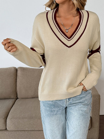 ストライプ柄のカレッジスタイルVネックプルオーバーセーター（レディース2025年）