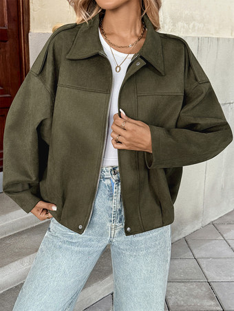 ハンターグリーンのジッパー付きオーバーサイズドロップショルダージャケット（レディース）2025