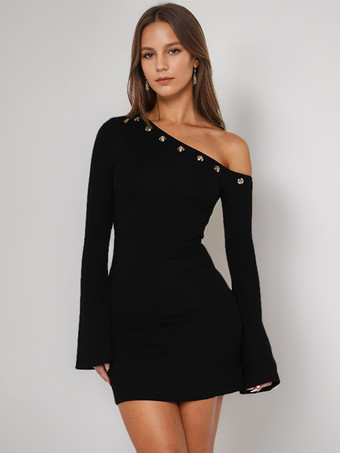 ブラック 2025年レディース向けアシンメトリーショルダーボディコンミニドレス