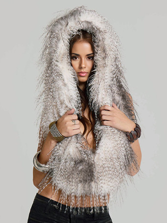 ブラウン フェイクファーのバックレスフード付きトップス（フリンジ裾付き、レディース向け）2025年