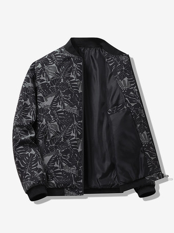 ブラック メンズ ベースボールカラージャケット メープルリーフプリント 長袖 伸縮性のある袖口 ジッパー付きサイドポケット 軽量ジャケット