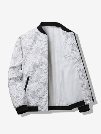 ホワイト メンズ ベースボールカラージャケット メープルリーフプリント 長袖 伸縮性のある袖口 ジッパー付きサイドポケット 軽量ジャケット