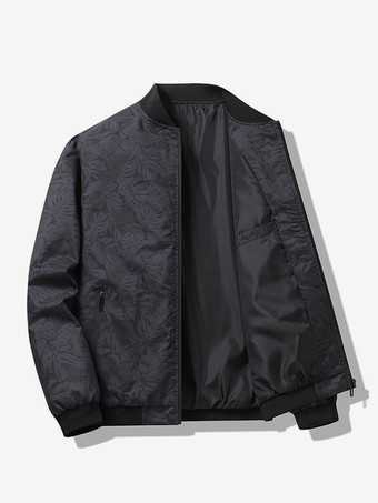 グレイメンズ ベースボールカラージャケット メープルリーフプリント 長袖 伸縮性のある袖口 ジッパー付きサイドポケット 軽量ジャケット