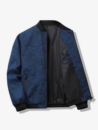 ディープブルーメンズ ベースボールカラージャケット メープルリーフプリント 長袖 伸縮性のある袖口 ジッパー付きサイドポケット 軽量ジャケット