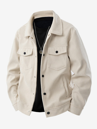 アイボリー 7. メンズコーデュロイジャケット 長袖 胸元フラップポケット＆サイドポケット 防風・耐久性抜群 レトロコート
