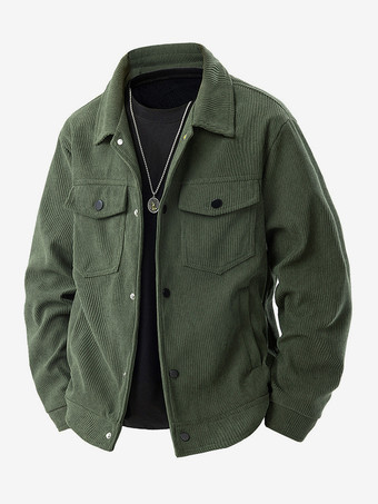 ハンターグリーン 7. メンズコーデュロイジャケット 長袖 胸元フラップポケット＆サイドポケット 防風・耐久性抜群 レトロコート