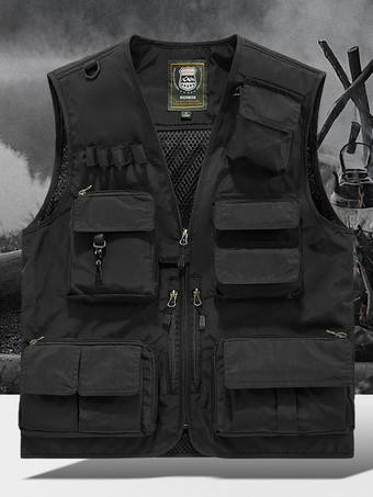 ブラック メンズ プラスサイズ ベスト 複数ポケット 反射デザイン
