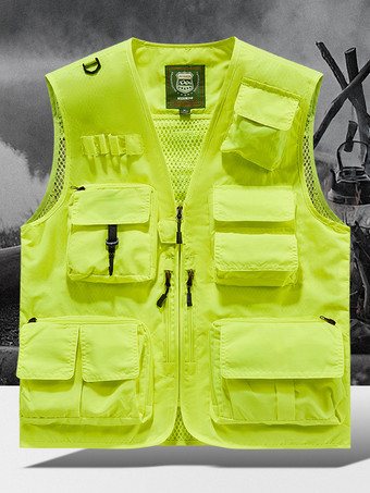 黄緑色メンズ プラスサイズ ベスト 複数ポケット 反射デザイン