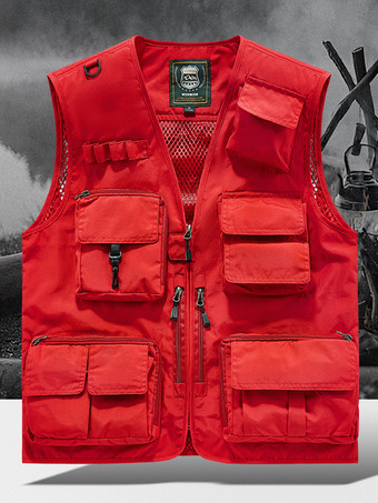 レッド メンズ プラスサイズ ベスト 複数ポケット 反射デザイン
