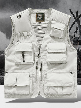 アイボリー メンズ プラスサイズ ベスト 複数ポケット 反射デザイン
