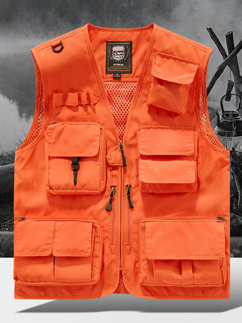 オレンジ メンズ プラスサイズ ベスト 複数ポケット 反射デザイン