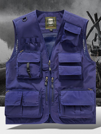 ロイヤルブルーメンズ プラスサイズ ベスト 複数ポケット 反射デザイン