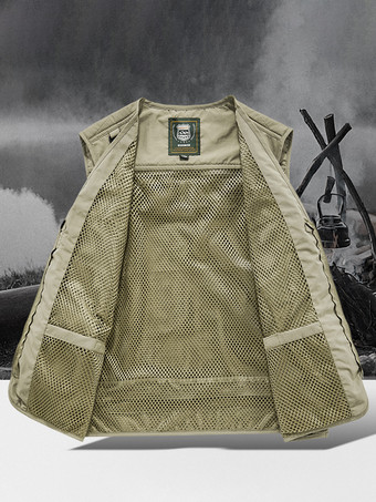 カーキ メンズ プラスサイズ ベスト 複数ポケット 反射デザイン
