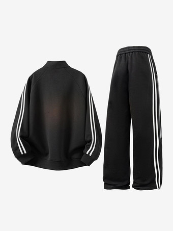 メンズ 2ピース トラックスーツセット スタンドカラー 長袖 ストライプ スウェットシャツとパンツ