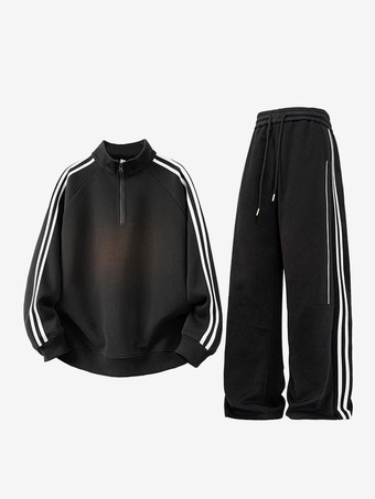 ブラック メンズ 2ピース トラックスーツセット スタンドカラー 長袖 ストライプ スウェットシャツとパンツ