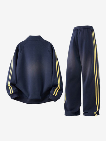 メンズ 2ピース トラックスーツセット スタンドカラー 長袖 ストライプ スウェットシャツとパンツ