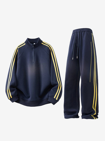 ダークネイビーメンズ 2ピース トラックスーツセット スタンドカラー 長袖 ストライプ スウェットシャツとパンツ