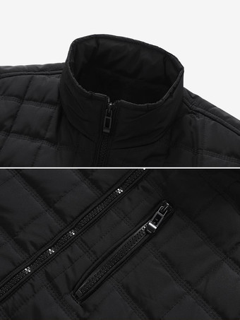 メンズ キルティングジャケット 長袖 シングル 縦型 ジッパー付き 胸ポケット サイドポケット コート リブ付き袖口と裾デザイン