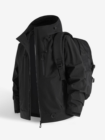 ブラック メンズフード付きアウトドアジャケット、カップル向け防風コート、シングルジッパー付き胸ポケットとジッパー付きサイドポケット付き