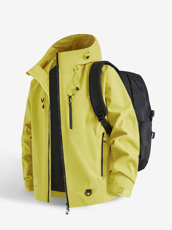 イエローメンズフード付きアウトドアジャケット、カップル向け防風コート、シングルジッパー付き胸ポケットとジッパー付きサイドポケット付き