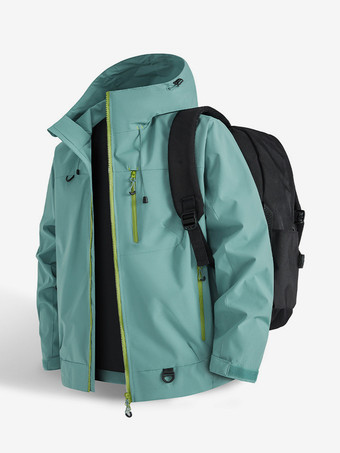 ティールグリーンメンズフード付きアウトドアジャケット、カップル向け防風コート、シングルジッパー付き胸ポケットとジッパー付きサイドポケット付き