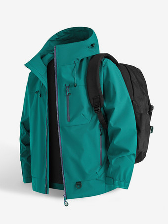 ブルーグリーンメンズフード付きアウトドアジャケット、カップル向け防風コート、シングルジッパー付き胸ポケットとジッパー付きサイドポケット付き