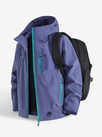 パープル メンズフード付きアウトドアジャケット、カップル向け防風コート、シングルジッパー付き胸ポケットとジッパー付きサイドポケット付き