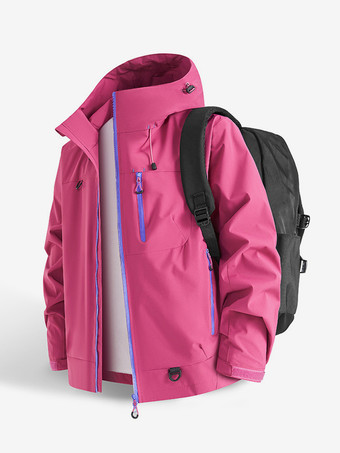 ピンクメンズフード付きアウトドアジャケット、カップル向け防風コート、シングルジッパー付き胸ポケットとジッパー付きサイドポケット付き