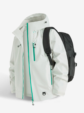 パステルグリーンメンズフード付きアウトドアジャケット、カップル向け防風コート、シングルジッパー付き胸ポケットとジッパー付きサイドポケット付き