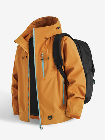 オレンジ メンズフード付きアウトドアジャケット、カップル向け防風コート、シングルジッパー付き胸ポケットとジッパー付きサイドポケット付き