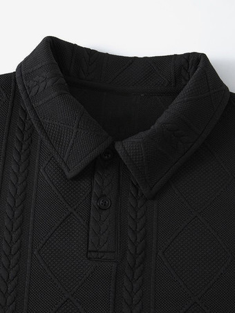 メンズ テクスチャード スウェットシャツ ターンダウンカラー 長袖 レトロスタイル ポロジャケット リブ編みの袖口と裾