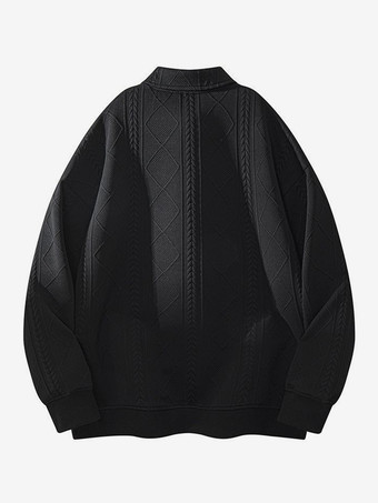 メンズ テクスチャード スウェットシャツ ターンダウンカラー 長袖 レトロスタイル ポロジャケット リブ編みの袖口と裾