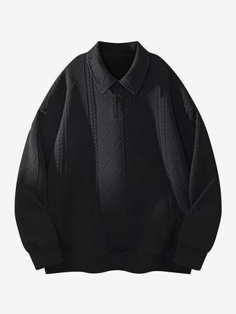 ブラック メンズ テクスチャード スウェットシャツ ターンダウンカラー 長袖 レトロスタイル ポロジャケット リブ編みの袖口と裾