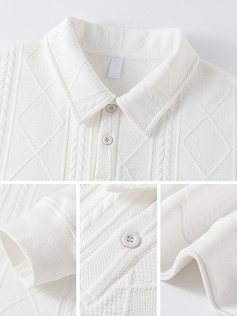 メンズ テクスチャード スウェットシャツ ターンダウンカラー 長袖 レトロスタイル ポロジャケット リブ編みの袖口と裾