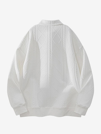 メンズ テクスチャード スウェットシャツ ターンダウンカラー 長袖 レトロスタイル ポロジャケット リブ編みの袖口と裾